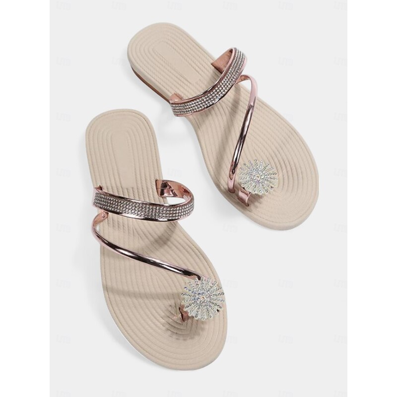 Women's Flats Daily Rhinestone Flat Heel Open Toe Elegant PU Loafer Silver Black Champagne