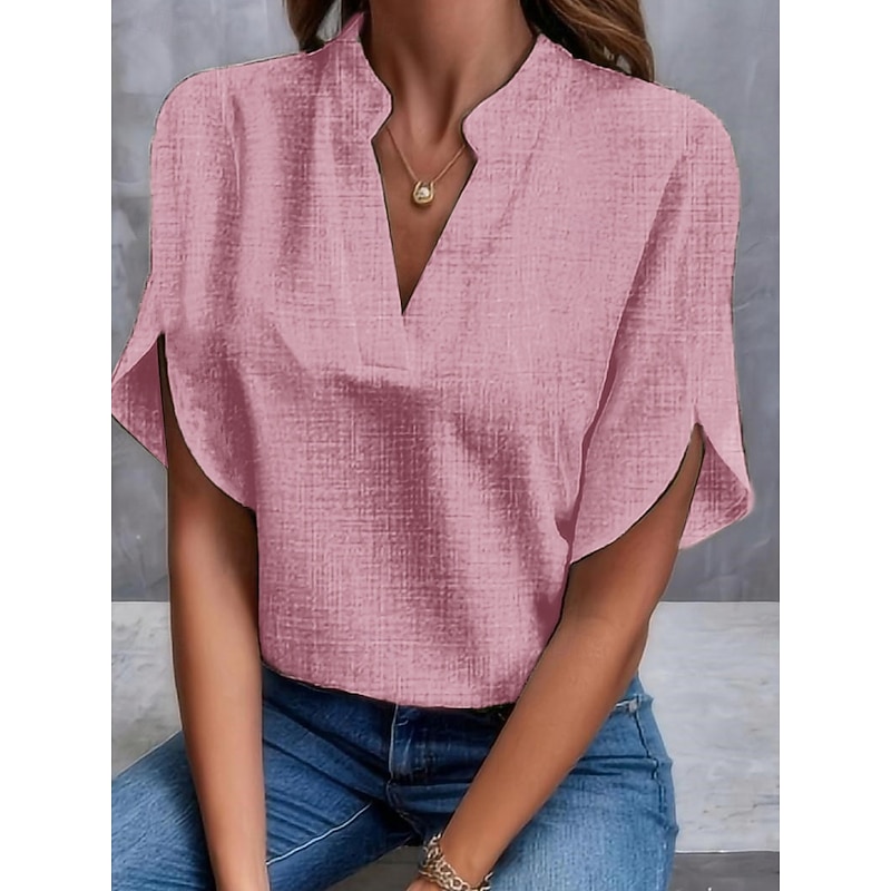 Women's Shirt Linen-Inspired Shirts Blouse Solid Color Basic Casual Short Sleeve Notched Neck Regular Tops Daily White Pink Summer
