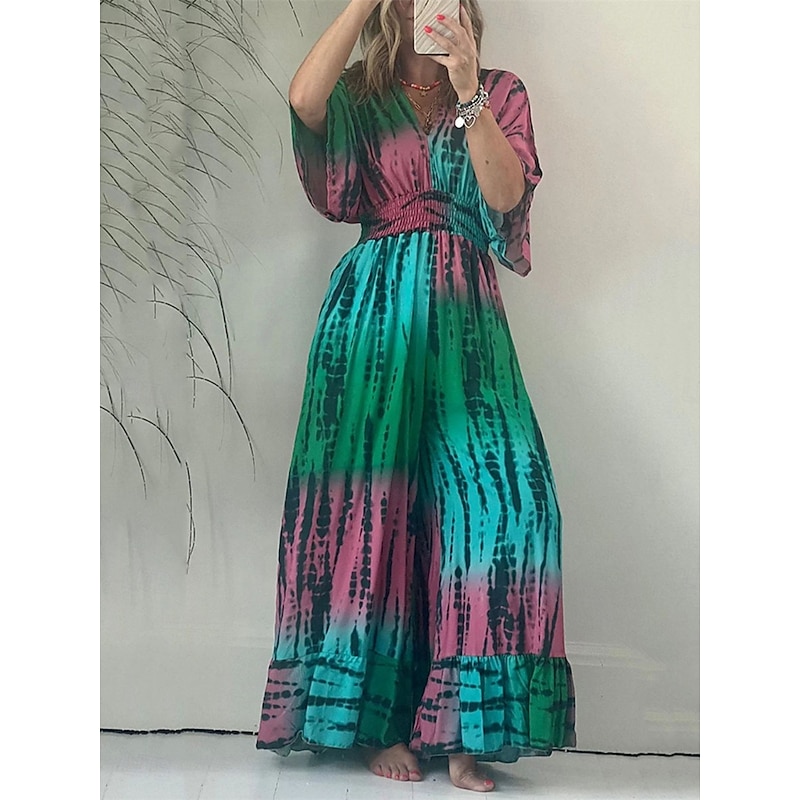 Women's Normal Jumpsuit Active Tie Dye Half Sleeve V Neck High Waist Vacation Daily Regular Fit Green Summer