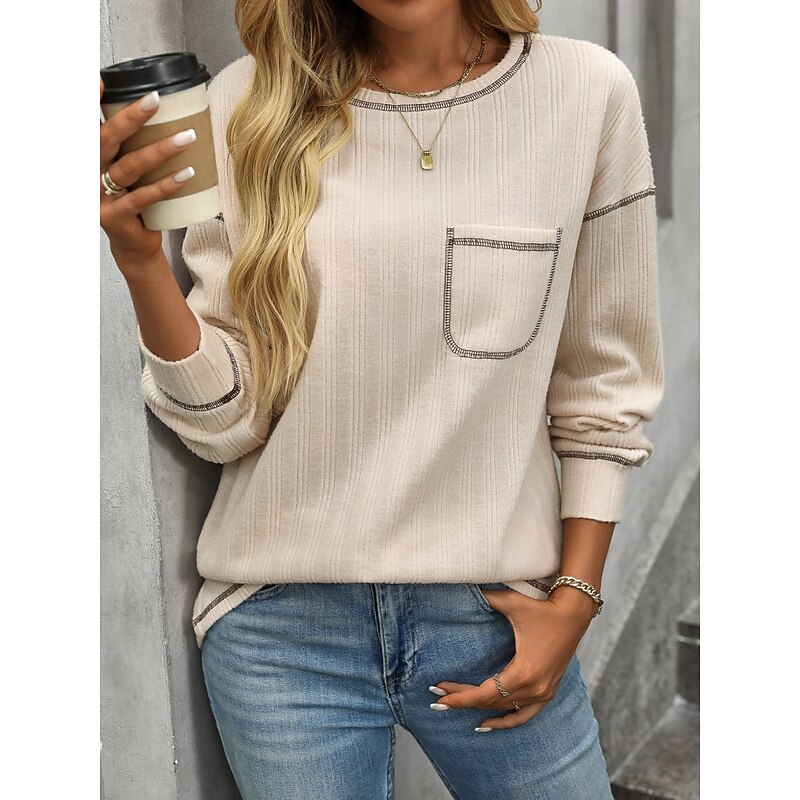 Women's Texture Sweatshirt T Shirt Plain Fashion Modern Casual Long Sleeve Crew Neck Regular Tops Daily Weekend Pocket Beige Gray Summer Spring4