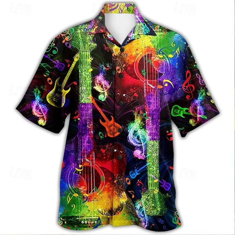 Men's Boardmasters Music Guitar Shirt Summer Hawaiian Shirt Button Up Shirt Short Sleeves Tropical Fashion Streetwear Street Casual Daily Summer Spring Turndown Print Button-Down Yellow Army Green