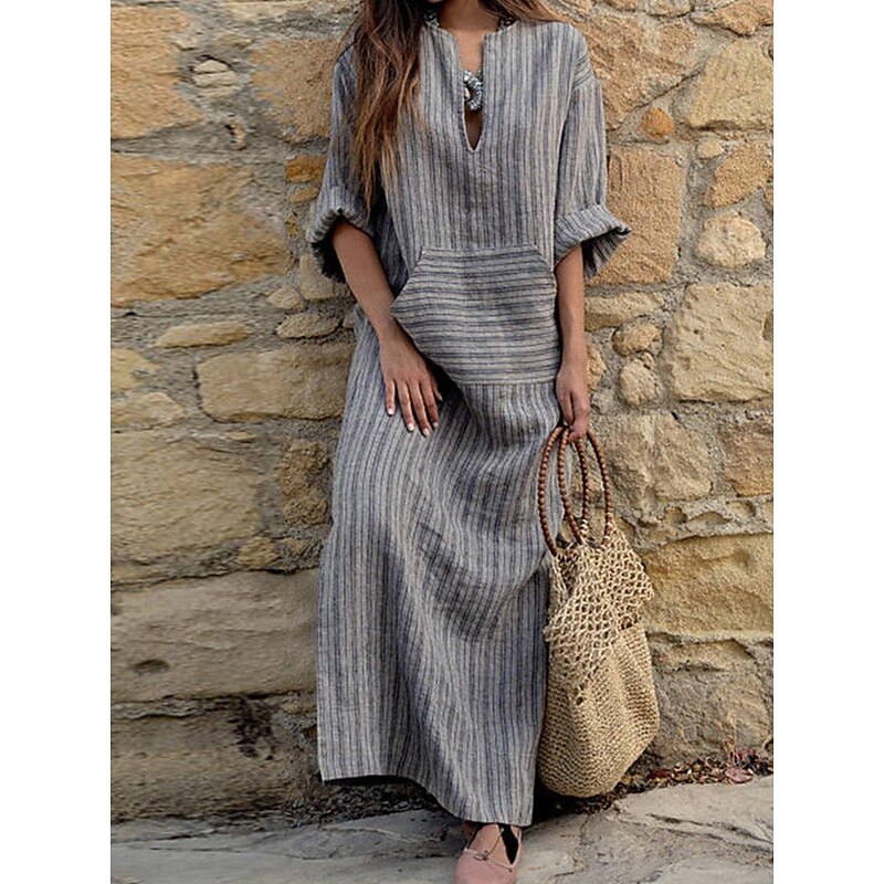 Women's Normal Maxi Dress Cotton Linen Dresses Vintage Dress Stylish Casual Work Daily Loose Fit Stripe Long Sleeve V Neck Red Green Gray Spring Fall