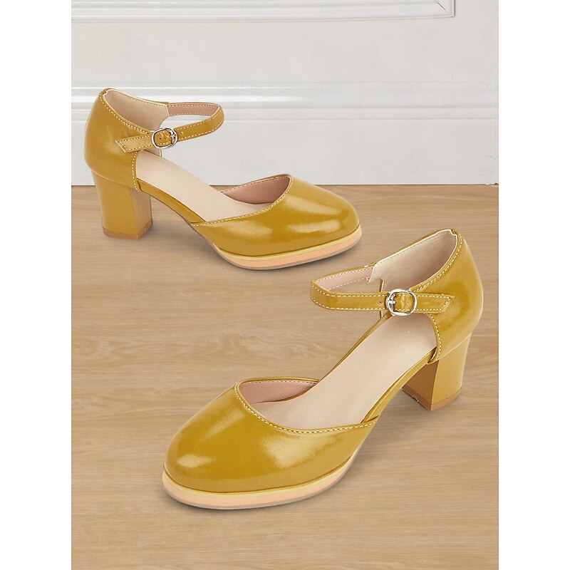 Women's Yellow Mary Jane Block Heel Pumps with Round Toe and Adjustable Strap for Retro Style, Office Wear and Formal Events