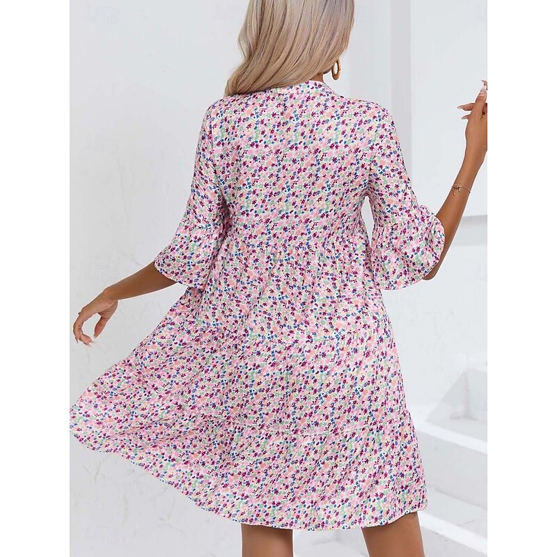 Women's Mini Dress Casual Dress Stylish Casual Vacation Daily Regular Fit Floral Geometric 3/4 Length Sleeve Notched Neck Pink Summer2