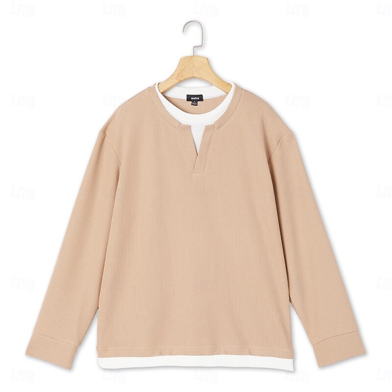 Men's Waffle T-shirt Pullover Sweatshirt Tee Top Long Sleeve Shirt Long Sleeve Crew Neck V Neck Spring &  Fall Plain Fashion Designer Basic Fashion Fake two piece Vacation Street Going out Black Gray3