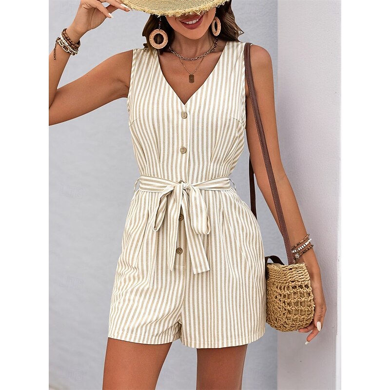 Women's Normal Romper Active Striped Sleeveless V Neck Buttons Pocket Vacation Daily Loose Fit Khaki Light Blue Summer4