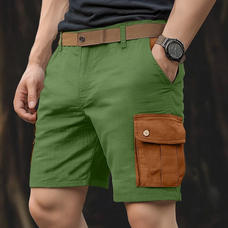 Men's Cargo Shorts Linen Shorts Summer Shorts Beach Shorts Buttons Multi Pocket Color Block Comfort Breathable Knee Length Casual Daily Holiday Fashion Retro Vintage Green Khaki3