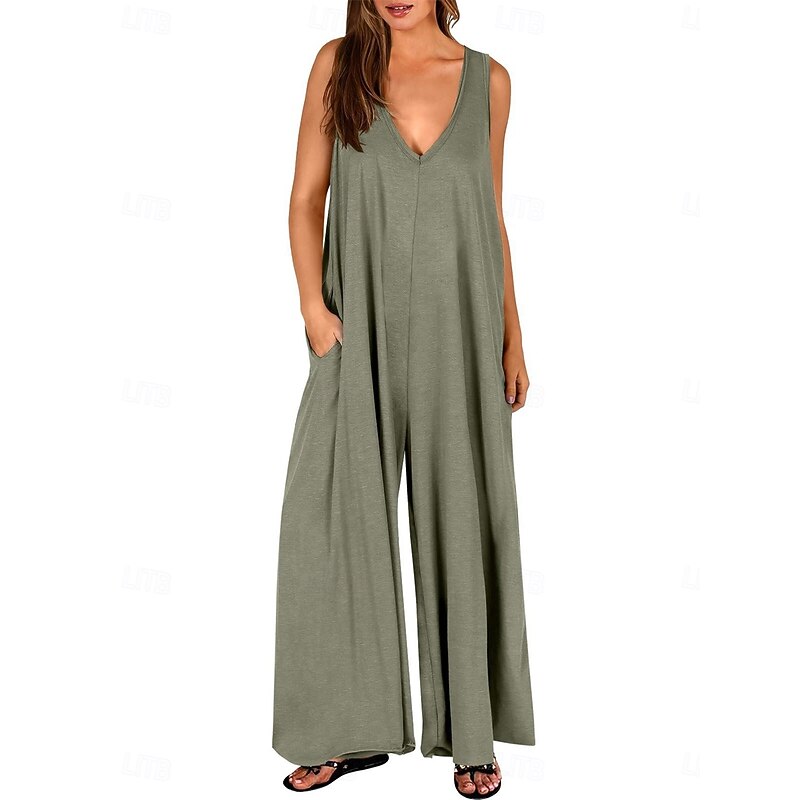 Women's Normal Jumpsuit Active Solid Color Sleeveless V Neck High Waist Vacation Street Loose Fit Red Green Summer4