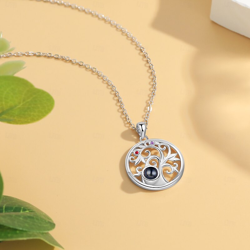 Personalized Round Pendant Necklace Custom Best Gift for Mom – Birthstone & Projection Stone with Photo Engraving, Ideal Wedding Gift for Wife or Girlfriend3