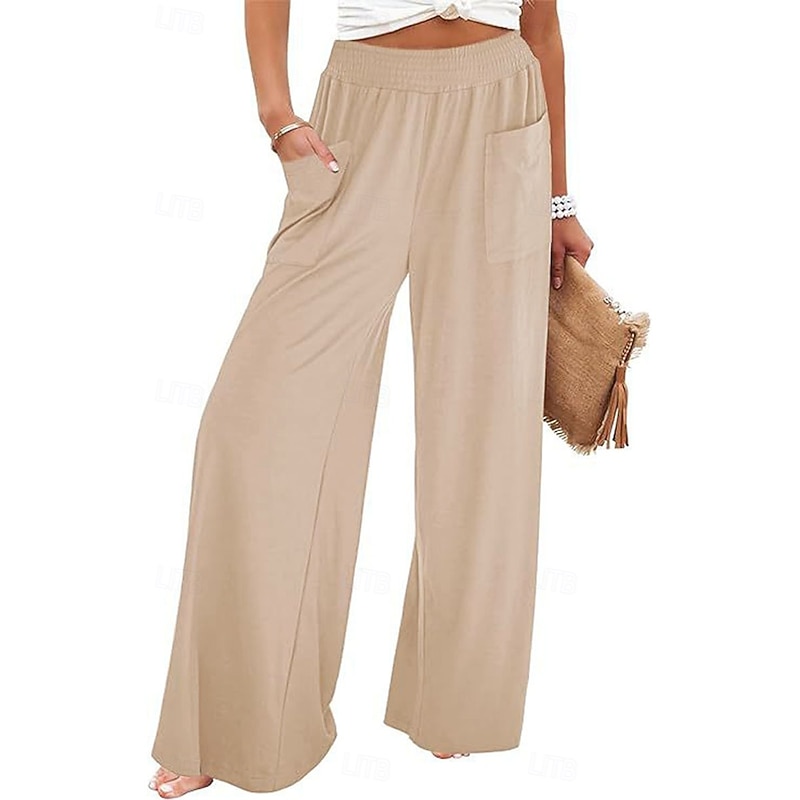 Women's Wide Leg Chinos Fashion Streetwear Full Length High Waist Plain Pocket Elastic Waistband Comfy Soft Comfortable Micro-elastic Outdoor Street Apricot Fuchsia Summer Spring Regular Fit3