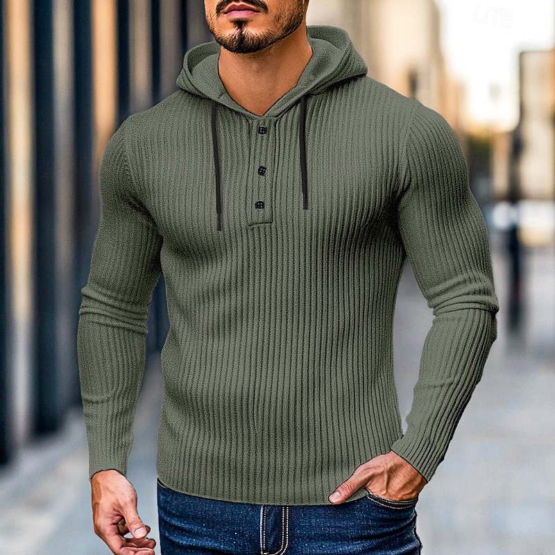 Men's Muscle Shirt Ribbed Knit tee Tee Top Long Sleeve Shirt Long Sleeve Hooded Henley Spring &  Fall Solid Color Daily Casual Street Style Hooded Outdoor Street Causal Light Blue Black White Top Tee