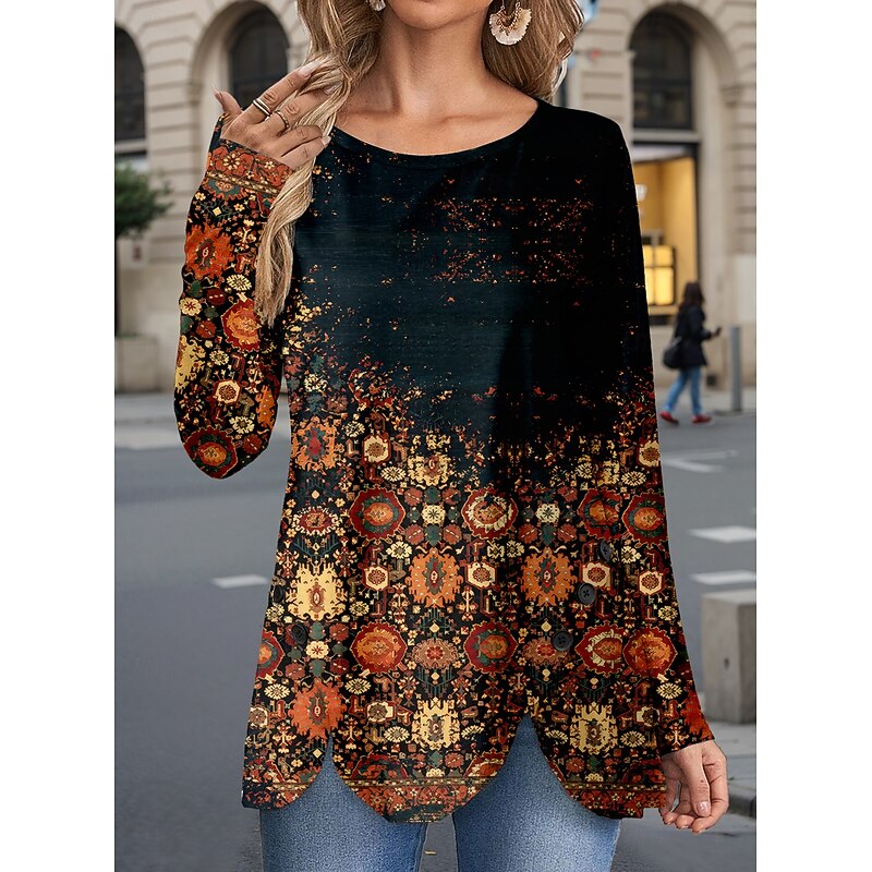 Women's T Shirt Tribal Vintage Casual Long Sleeve Crew Neck Regular Tops Daily Buttons Print Asymmetrical Brown Spring Fall3