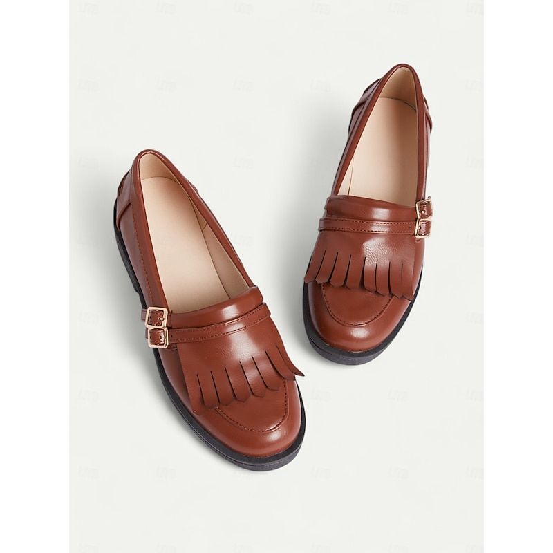 Women's Brown Faux Leather Loafers with Fringe Detailing and Low Heel for Casual Wear and Office Style