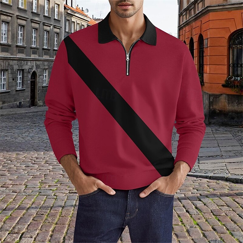 Men's Color Block Rugby Polo Long Sleeve Polo Shirts Quarter Zip Fashion 3D Print Modern Daily Holiday Going out Patchwork Spring &  Fall White Yellow Red3