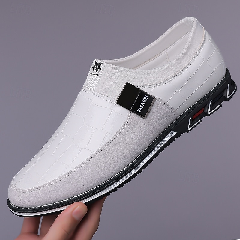 Men's White Crocodile Embossed Faux LeatherSlip-On Loafers with Decorative Buckle - Stylish Casual Shoes for Business and Formal Occasions2