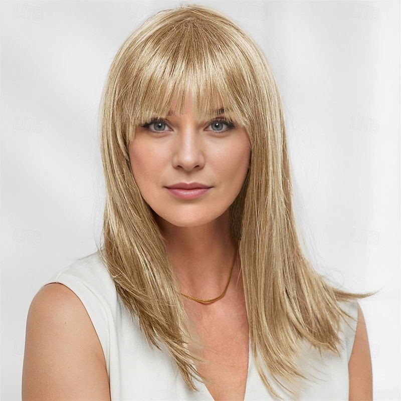 Smooth Straight Long Wig with Blunt Bangs and Razor-Finished Tips/Multi-tonal Shades of Blonde Silver Brown and Red