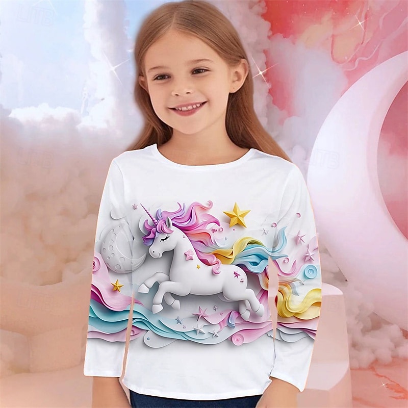 Girls' 3D Graphic Animal Unicorn T shirt Tee Long Sleeve Spring Fall Fashion Basic Kids 4-12 Years Crew Neck Outdoor Casual Daily Regular Fit - Main Image