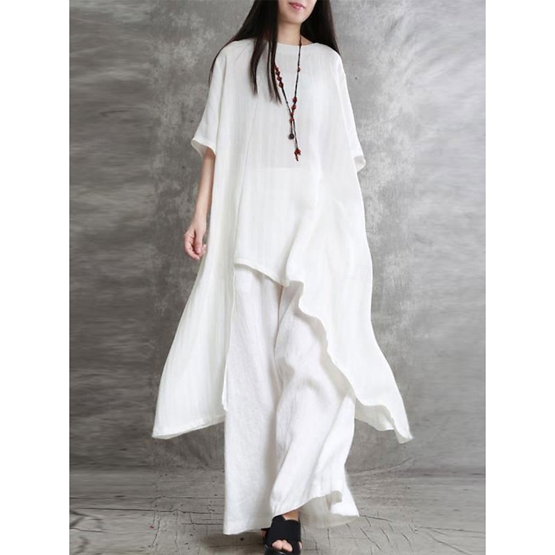 Women's Fashion Streetwear Daily Shirt Linen-Inspired Sets Two Piece Sets Wide Leg Pants 3/4 Length Sleeve Crew Neck Plain Casual Daily Black White Army Green Spring &  Fall Regular Fit