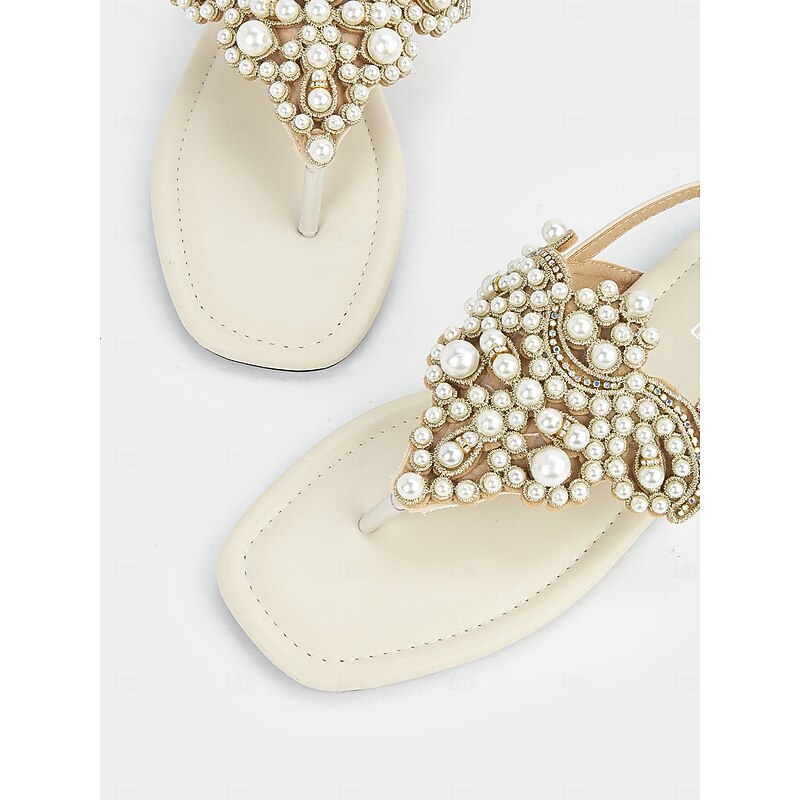 Women's Pearl-Embellished T-Strap Flat Sandals – Elegant Open-Toe Wedding Shoes for Brides and Beach Weddings4