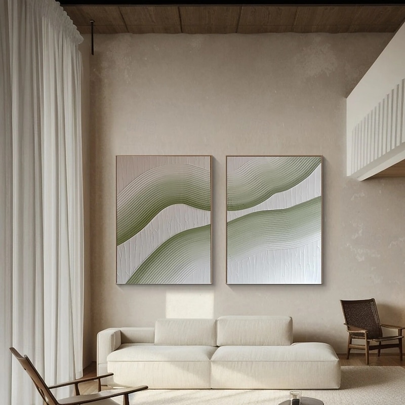 Handmade Oil Painting Wall Art Set of 2 Green White Abstract Painting on Canvas A Pair Beige Texture Wall Art Neutral Abstract Wall Art Wall Decor2