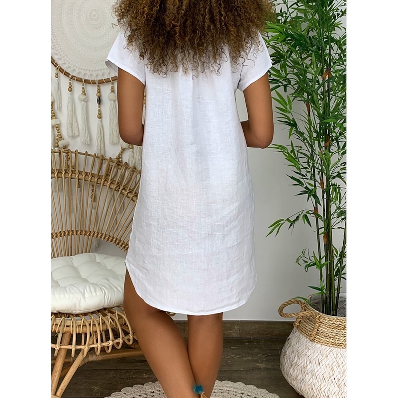 Women's Mini Dress Cotton Linen Dresses Casual Dress Basic Casual Vacation Daily Regular Fit Plain Short Sleeve Notched Neck Black White Yellow Army Green Summer2