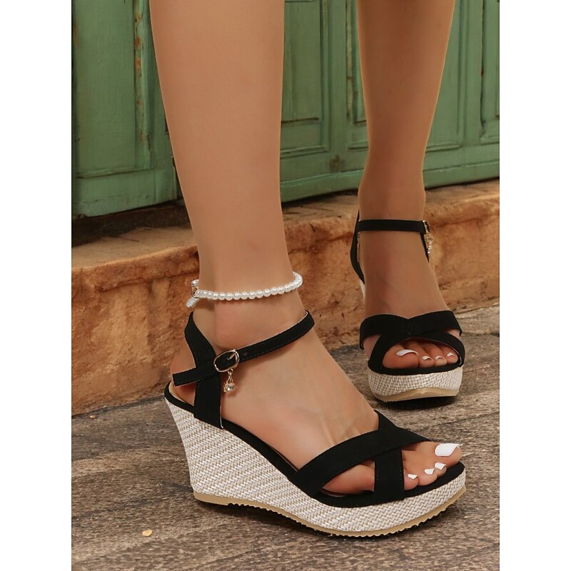 Women's Black Wedge Sandals with Ankle Strap Espadrille Sole and Crisscross Design for Summer Wear and Casual Outings2