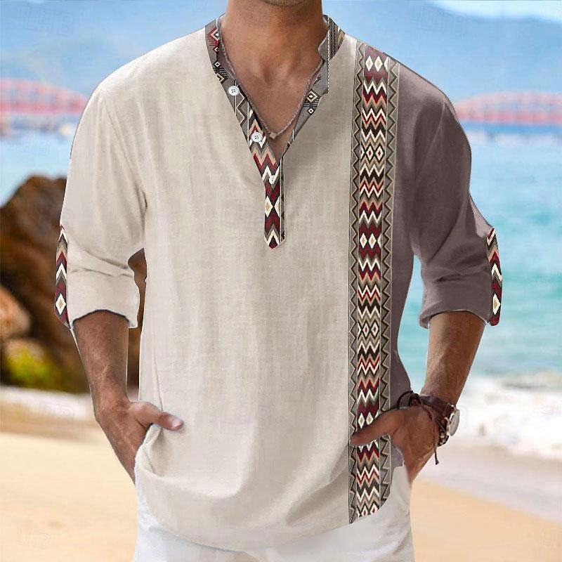 Men's Tribal Ethnic Shirt Linen Shirt Button Up Shirt Long Sleeve Tribal Vacation Daily Wear Going out Spring &  Fall Stand Collar Buttons Print White Khaki Gray