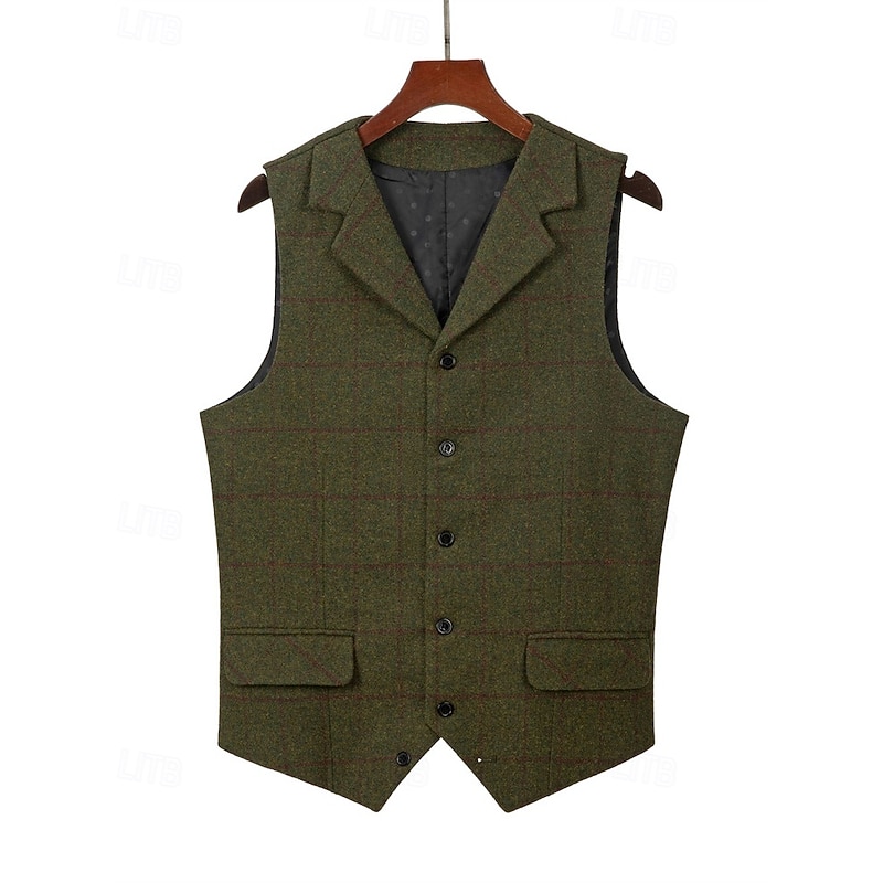 Men's Vest Gilet Suede Vest Vacation Daily Date Fashion Casual Spring &  Fall Buttons Pocket Polyester Comfortable Plaid Single Breasted One-button Lapel Regular Fit Dark Brown Black Navy Blue Green4