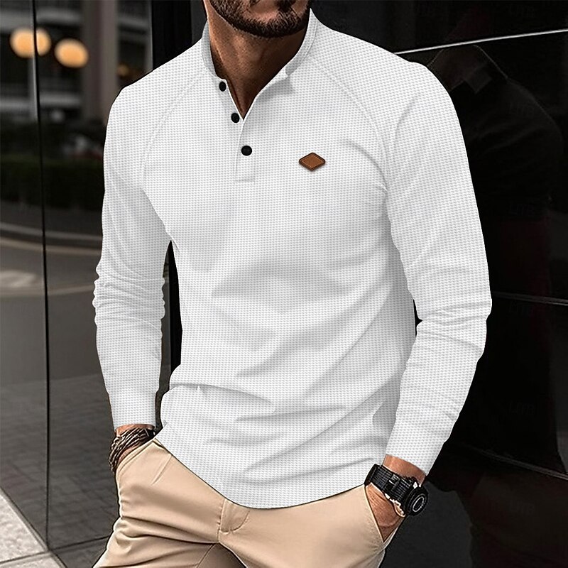 Men's Waffle Henley Shirt Long Sleeve Plain Texture Basic Modern Comfortable Buttons Henley Work Casual Holiday Spring &  Fall Black White Blue Henley T-Shirt