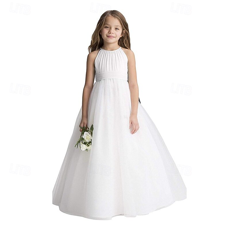 Flower Girl Dress Kid's Girls' Princess Dress Performance Wedding Party Elegant Beautiful Mesh Solid Color Sleeveless Crew Neck Black White 4 years+
