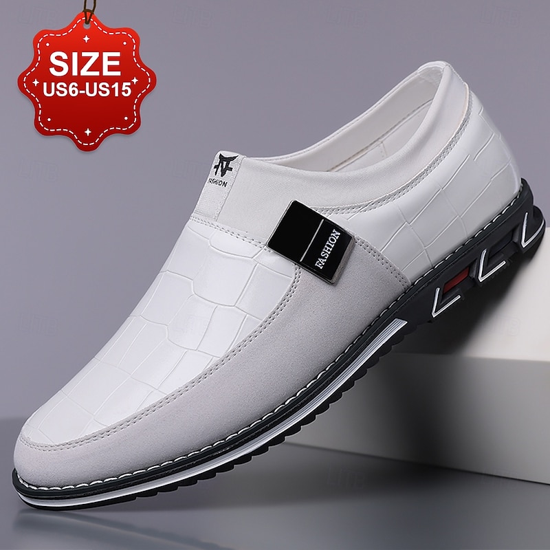 Men's White Crocodile Embossed Faux LeatherSlip-On Loafers with Decorative Buckle - Stylish Casual Shoes for Business and Formal Occasions