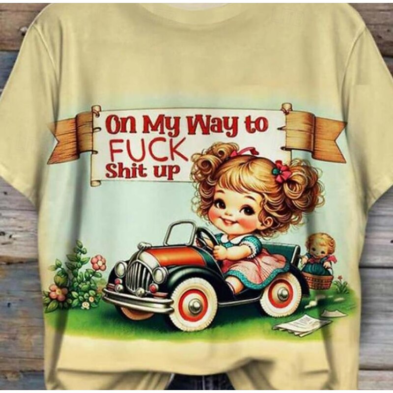 Women's T Shirt Vintage Casual Short Sleeve Round Neck Regular Tops Daily Print Yellow Summer3