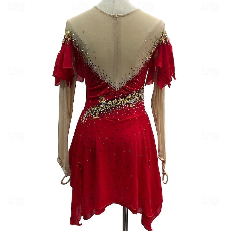 Figure Skating Dress Women's Girls' Ice Skating Dress Red Patchwork Thumbhole Mesh Spandex Stretchy Training Practice Professional Skating Wear Crystal / Rhinestone Long Sleeve Figure Skating2