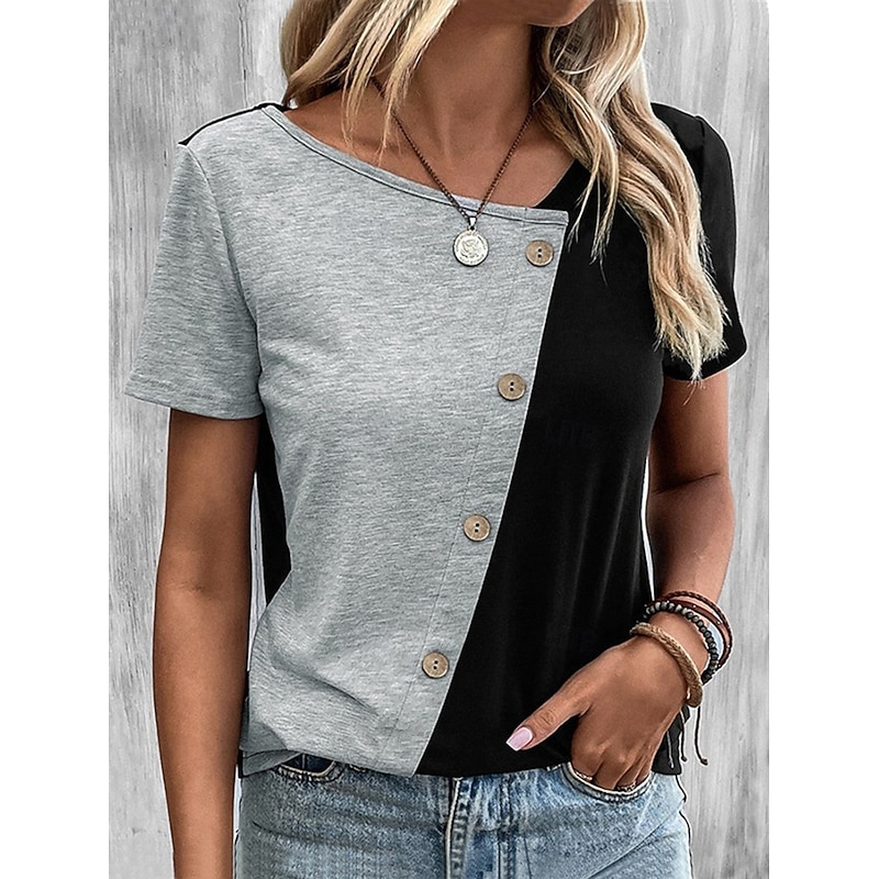 Women's T Shirt Casual Short Sleeve Asymmetric Neck Regular Tops Daily Buttons Black and White Black and gray Summer