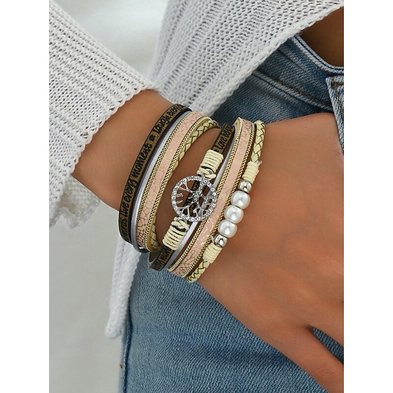 Men's Leather Bracelet with Tree of Life Pendant – Multi-layered Design with Pearls, Adjustable, Stylish for Casual and Boho Style