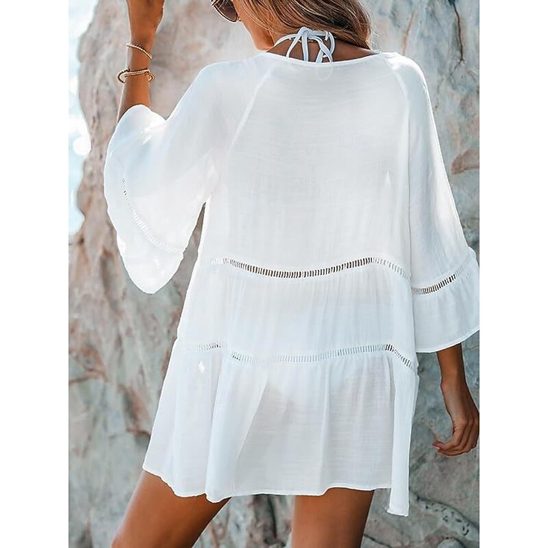 Women's Swimwear Cover Up Swim Dress Swimsuit Cut Out Vacation Beach Wear Solid Color V Neck Long Sleeve Bathing Suits2