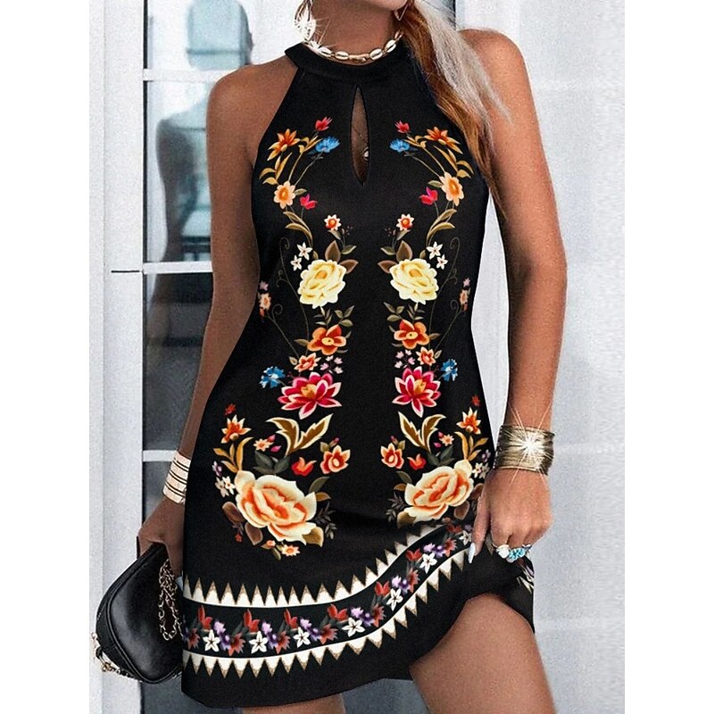 Women's Mini Dress Sundress Summer Dress Halter Dress Casual Outdoor Daily Holiday Regular Fit Ombre Floral Sleeveless Halter Neck Black Pink Blue Summer3