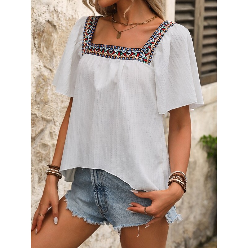 Women's Shirt Blouse Solid Color Stylish Casual Short Sleeve Square Neck Regular Tops Daily Ruffle Patchwork Embroidered Black White Summer Spring4
