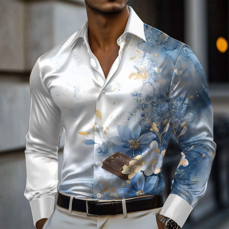 Men's Floral Print Flowers Satin Shirt Dress Shirt Button Up Shirt Long Sleeve Fashion Casual Vacation Evening Party Wedding Party Summer Spring Turndown Collared Shirts 3D Print White