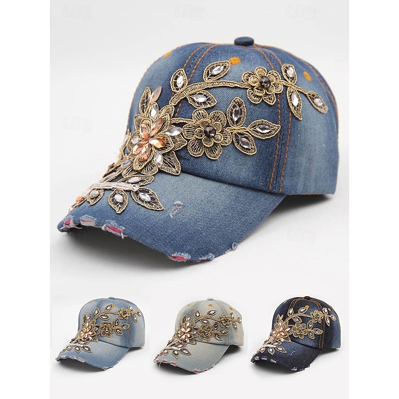 Women's Floral Embellished Denim Baseball Cap with Rhinestone and Beaded Details – Trendy Casual Hat for Outdoor, Daily Wear and Summer