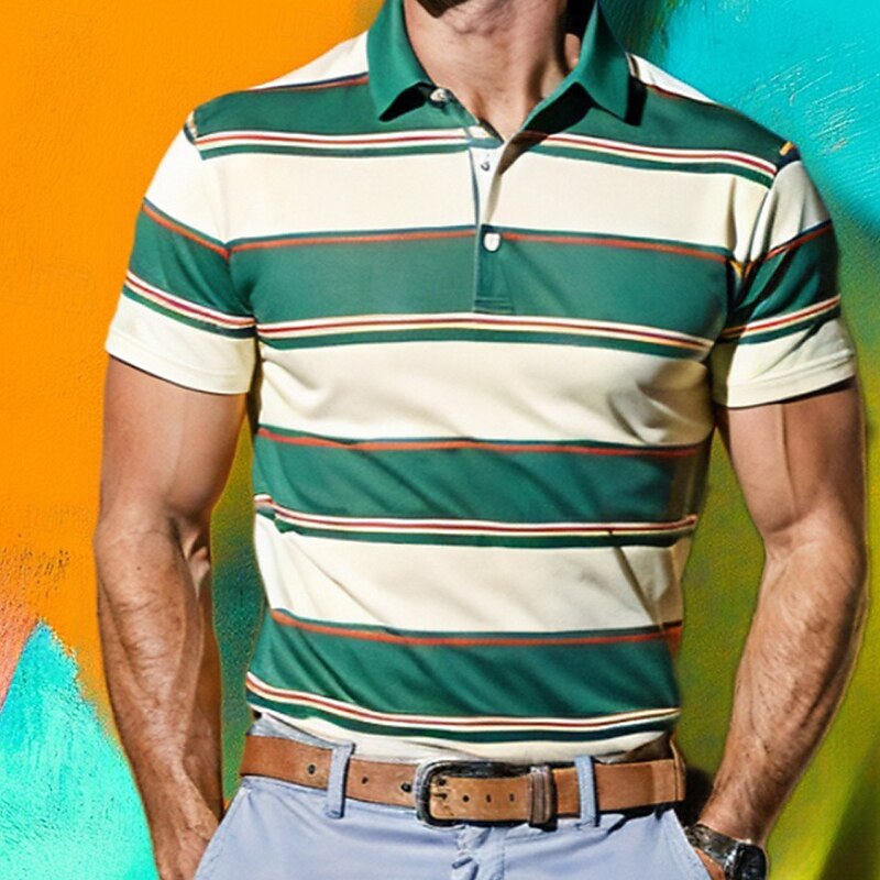 Men's Stripes Rugby Polo Shirts Short Sleeve Polo Shirts Lapel 3D Print Modern Comfortable Work Casual Sports Holiday Buttons Summer Spring Red Green4