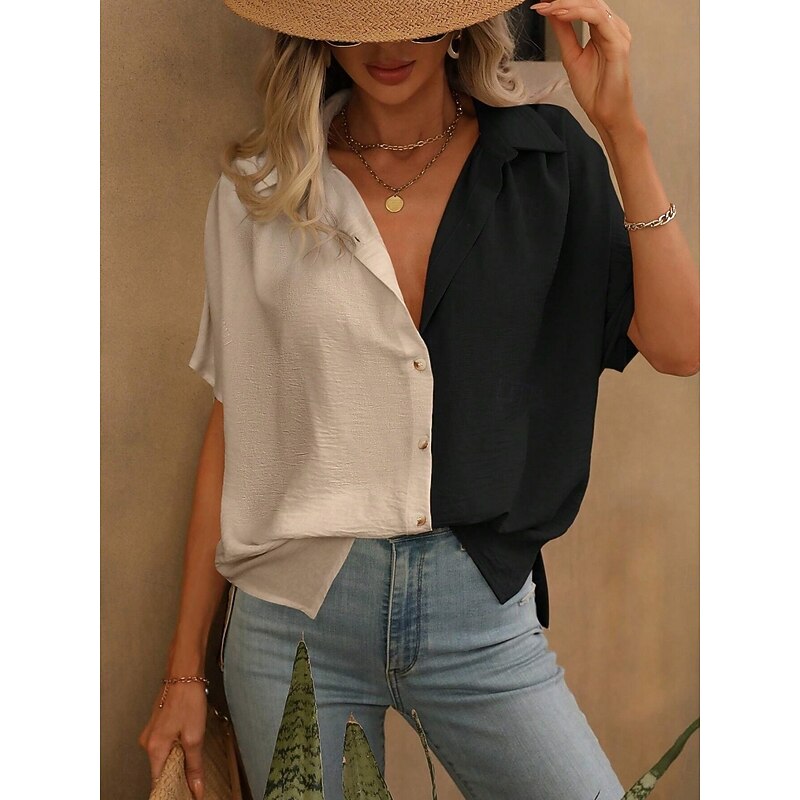 Women's Shirt Blouse Solid Color Stylish Casual Short Sleeve Shirt Collar Regular Tops Daily Buttons Black White Summer Spring