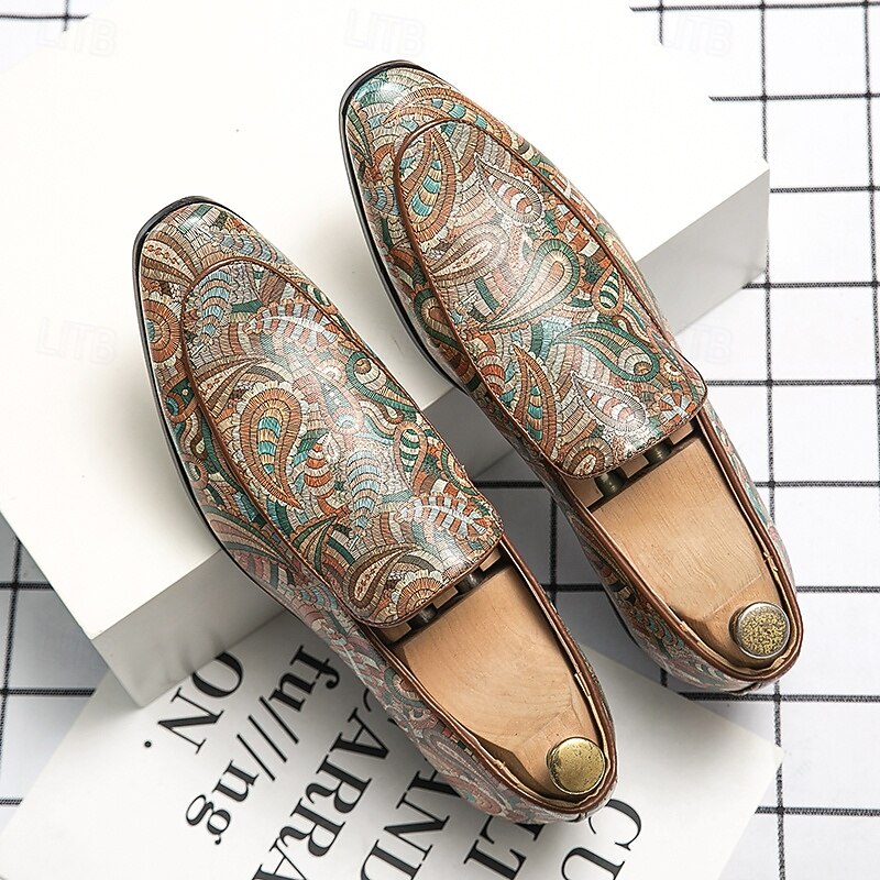 Men's Faux Leather Loafers with Colorful Paisley Pattern – Stylish Slip-On Shoes for Formal and Casual Occasions2
