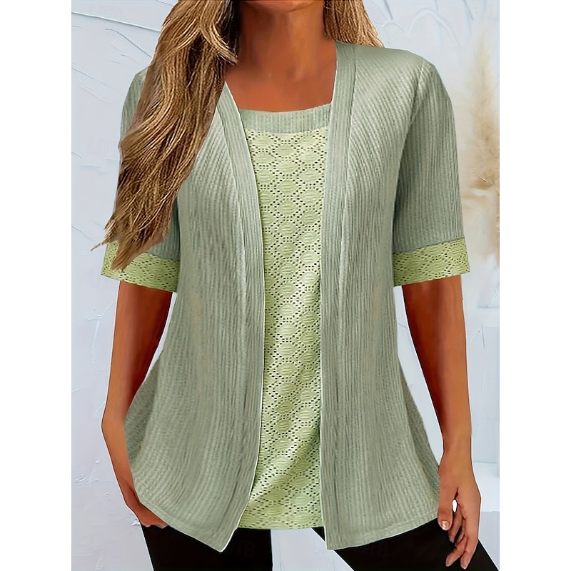 Women's Shirt Blouse Solid Color Stylish Casual Short Sleeve Crew Neck Regular Tops Daily Lace Patchwork Black Green Summer
