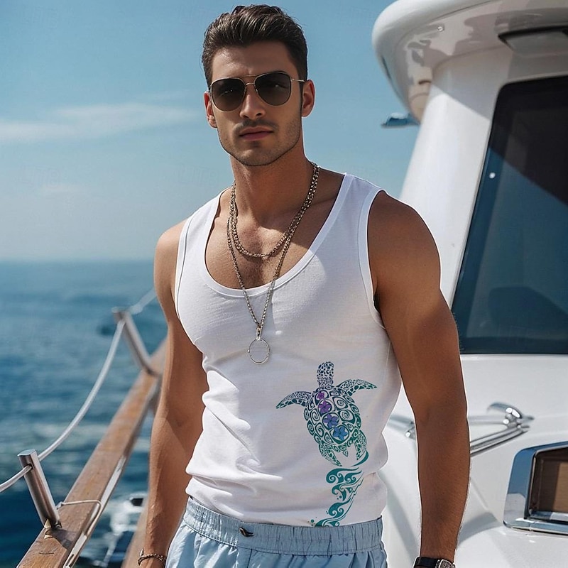Men's Coconut Palm T Shirt Vest Top Sleeveless T shirt 3D Print Crew Neck Shirt Vacation Casual Hawaiian Holiday Light Blue White Summer Spring Clothing Apparel S M L XL XXL XXXL