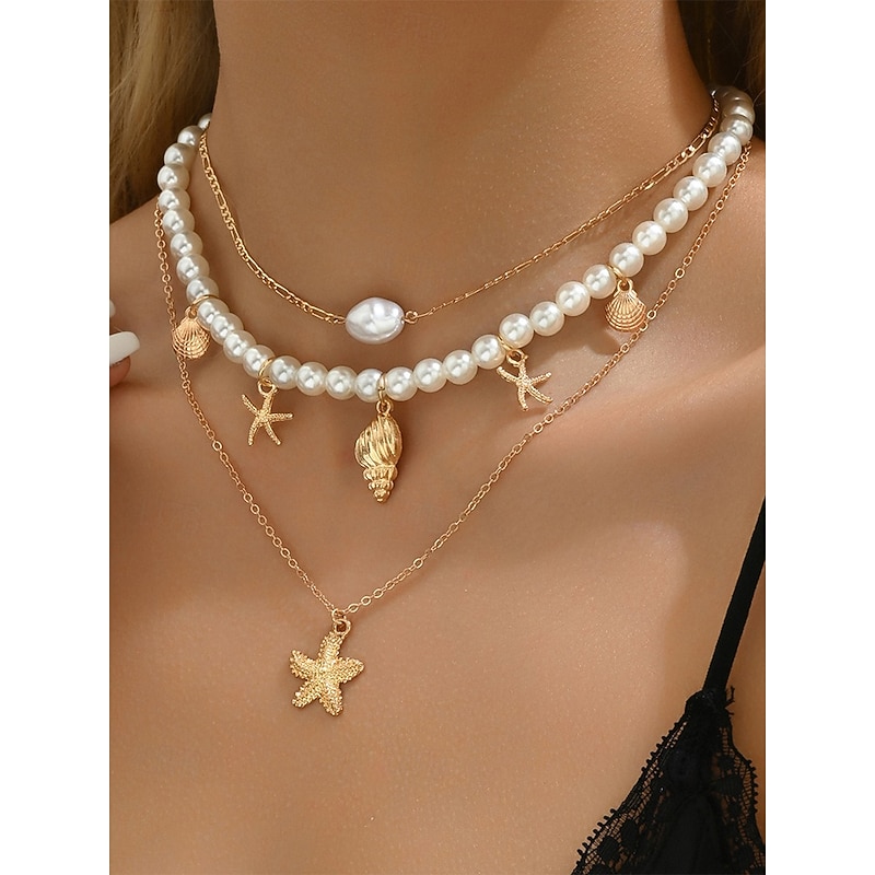 Layered Pearl and Gold Starfish Necklace Set – Beach-Inspired Jewelry for Women, Perfect for Summer and Coastal Occasions2