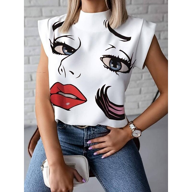 Women's Camisole Tank Top Graphic Abstract Stylish Casual Short Sleeve Turtleneck Regular Tops Daily Print White Khaki Summer Spring