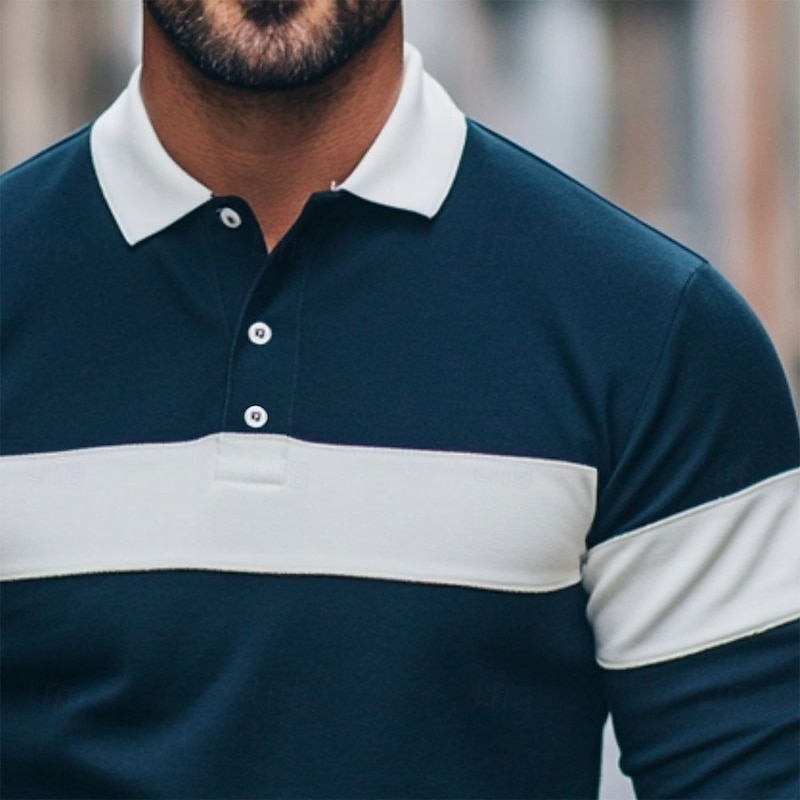 Men's Color Block Stripes Rugby Polo Shirts Long Sleeve Polo Shirts Lapel Classic Fashion 3D Print Modern Business Casual Stripe Fall Winter Navy Blue2