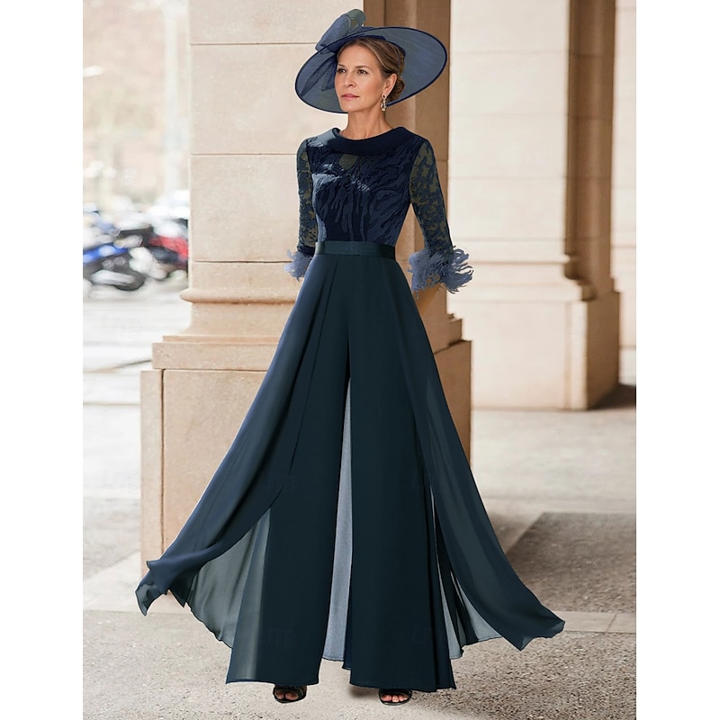 Jumpsuit Mother of the Bride  Beach Wedding Elegant Vintage Jewel Neck Floor Length Chiffon Half Sleeve with Feather Sequin Appliques