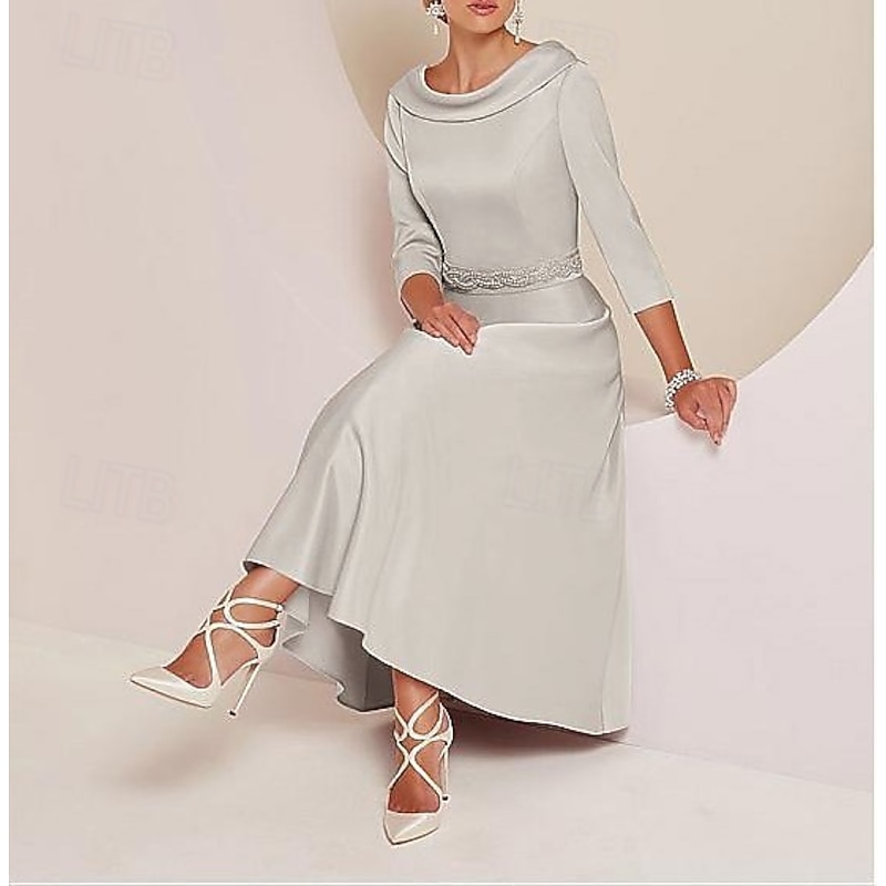 A-Line Dress Mother of the Bride Dress Elegant Vintage Bateau Neck Tea Length Satin 3/4 Length Sleeve with Beading Race Day Dress2